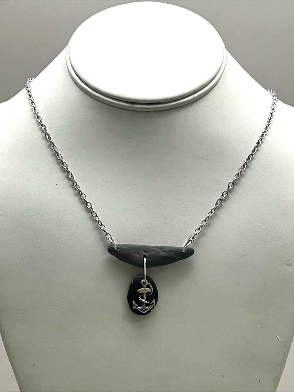 Handmade Sterling Silver Anchor Maine Beach Rock Necklace Natural Stones - Picture 2 of 4